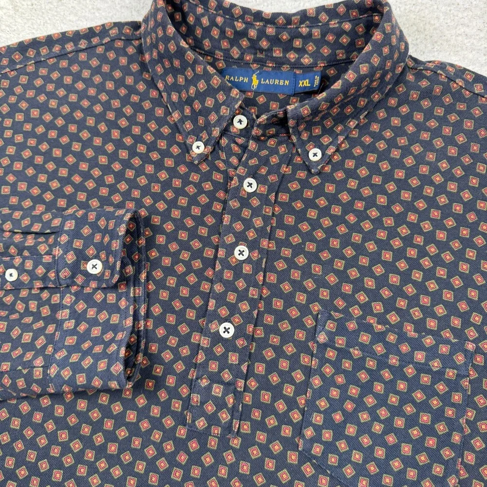 Ralph Lauren Shirt‎ Men's XXL Long Sleeve Mesh Polo Pullover Geometric Print AOP